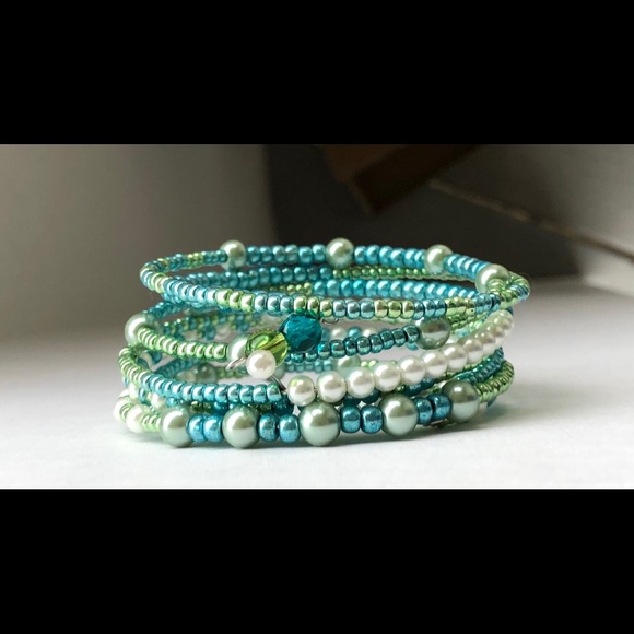 WC Creations Jewelry - OOAK Shimmery Aqua White Pearl Wrap Bracelet